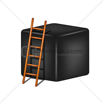 Black cube and wooden ladder