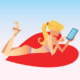 The blonde girl in swimsuit deals on smartphone