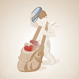 Little Cute Cupid drags a bag with multi-colored hearts, Illustr