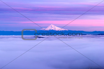 Mt Hood and Low Cloud Banks at Sunset