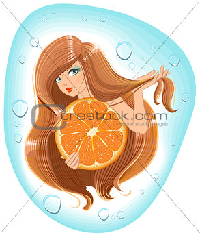Girl with long hair holds an orange. Template label for packing shampoo