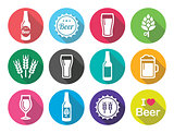 Beer flat design round icons set - bottle, glass, pint