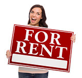 Mixed Race Female Holding For Rent Sign on White