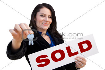 Hispanic Woman Holding Sold Sign and Keys On White