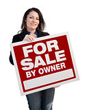 Hispanic Woman Holding For Sale By Owner Sign On White