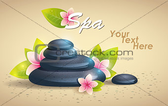 Spa Background of Black Pebble and Small Flowers