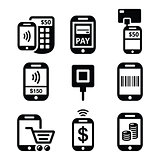 Mobile or cell phone payments, paying online with smartphone icons