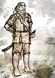 Drawing of Old Armed Pirate with Sword