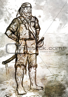 Drawing of Old Armed Pirate with Sword