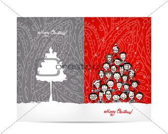 Christmas tree made from group of people, postcard design
