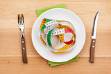 Plate with measure tape, knife and fork. Diet food