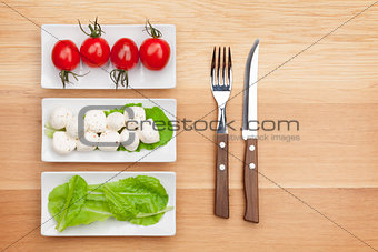 Tomatoes, mozzarella, green salad leaves and silverware