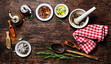 various spices on wooden background