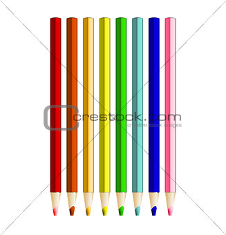 Color pencils in arrange in color row on white background