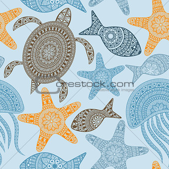 Vector Seamless Pattern with turtles, starfishes, and jellyfishe