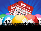Bingo Balls cards and crowd on blue background