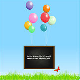 Blackboard flying with balloons on a spring background