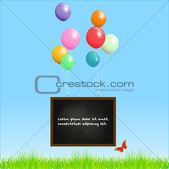 Blackboard flying with balloons on a spring background