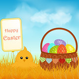 Easter chick and sign with basket and eggs background
