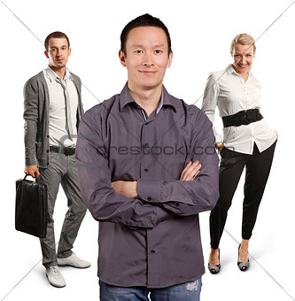 Teamwork and Asian Man With Folded Hands
