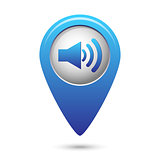 Blue map pointer with speaker volume icon