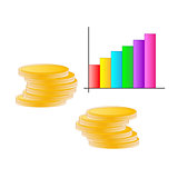 Columns of coins with a business graph on a white background