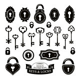 Set of different vintage keys and keyholes and locks