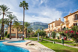 Swimming pool with palms and mountain view