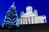 Famous Helsinki Cathedral with Christmas tree at twilight