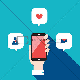 Hand holding mobile phone with icons and speech bubbles Social network concept