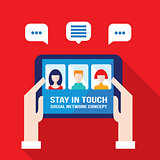 Social network concept Businessman hands holding the tablet with avatar web icons