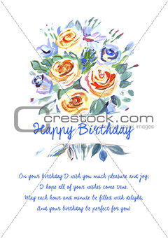 Greeting card Happy Birthday with beautiful bouquet of flowers and a poem.
