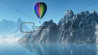 3D landscape with hot air balloon and mountains