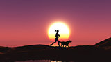 Female jogging with her dog at sunset