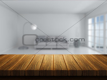Wooden table with room interior in background