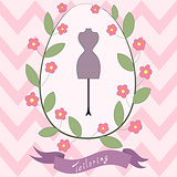 Bright floral card, cute cartoon tailoring emblem with mannequin