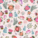 Cute seamless pattern with flowers and hares