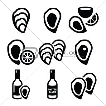 Oysters shell, sauce - sea food icons set