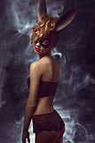 girl with bizarre bunny mask 
