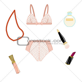 Fashion set with vintage polka dots underwear and cosmetics