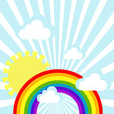Sky background with clouds, sun and rainbow