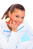 Fitness woman happy smiling holding apple