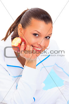 Fitness woman happy smiling holding apple