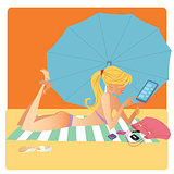 Girl in bikini on beach Mat deals on smartphone