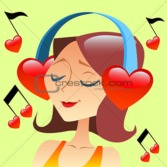 Girl listening to music with headphones in the form of a red hea