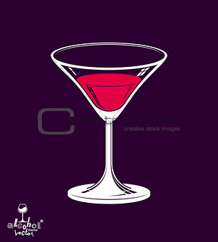 Realistic 3d martini glass placed over dark background, alcohol 