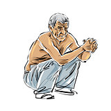 Hand drawn old man illustration on white background, grey-haired