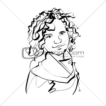 Black and white hand drawn illustration of a woman, girl with cu