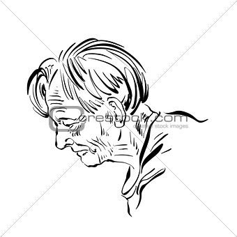 Hand drawn illustration of an old man on white background, black