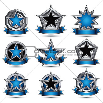 Collection of gray round heraldic 3d glamorous icons, silver gra